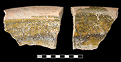 North Devon gravel tempered pan. Glazed interior and unglazed exterior. Approximately 12” rim diameter, Vessel 14, Lots 761, 763, 684, 763.